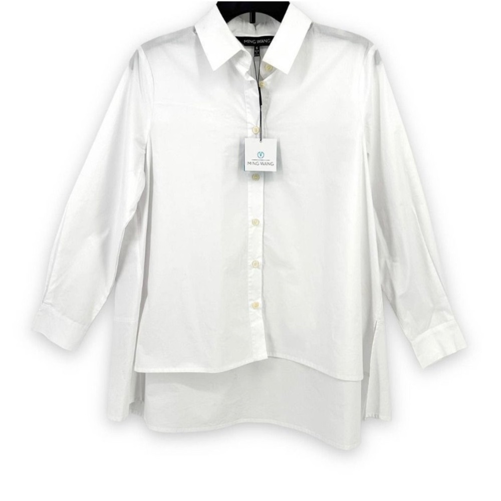 Ming Wang Hi Low Hemline White Poplin Button Front Shirt Womens Size Medium